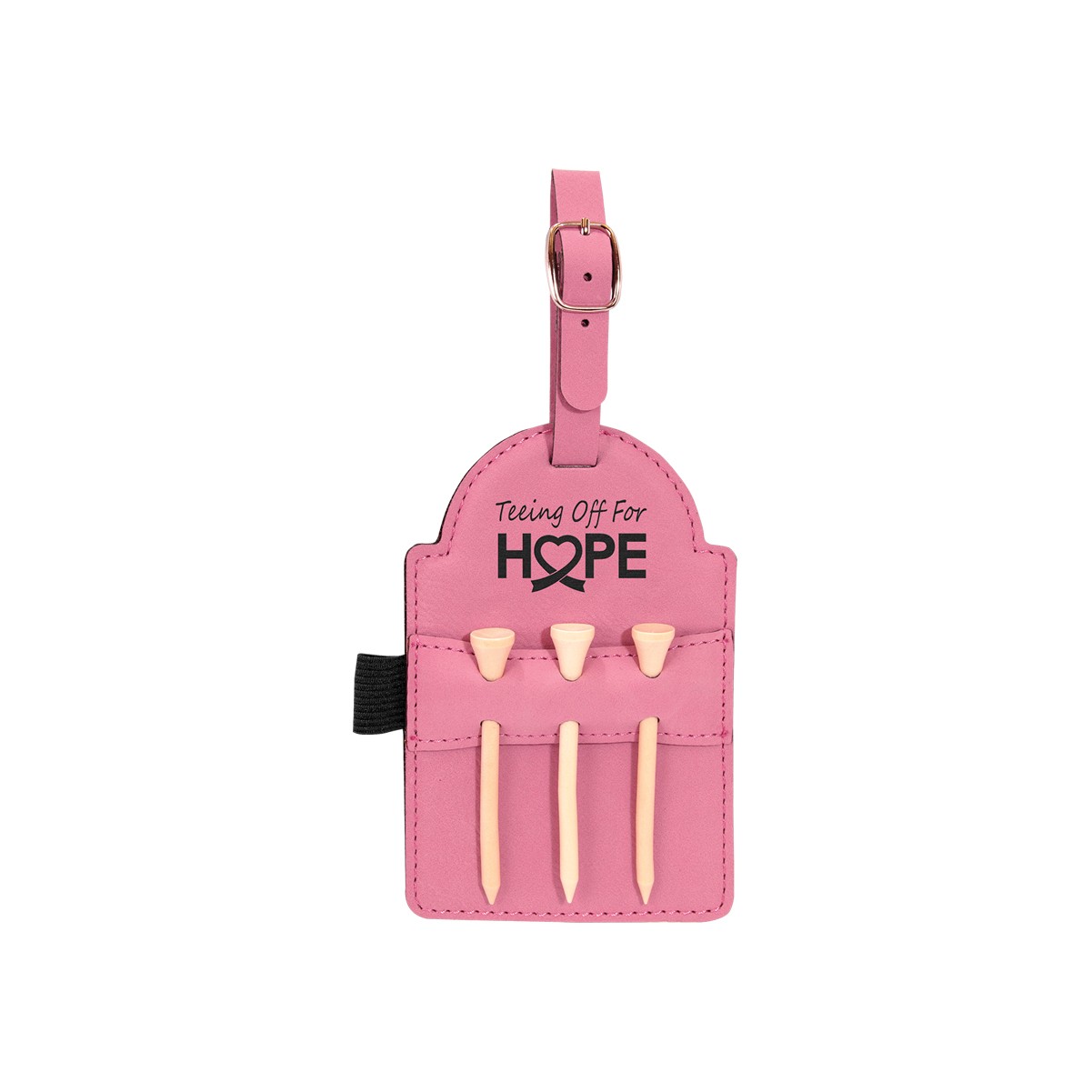 Pink Leatherette Golf Bag Tag w/ 3 Wooden Tees